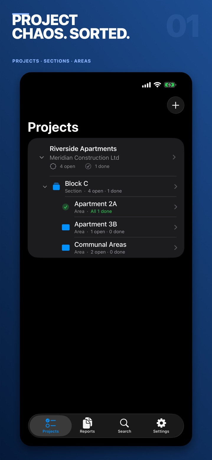 Plumb's project list organising site issues into sections and areas