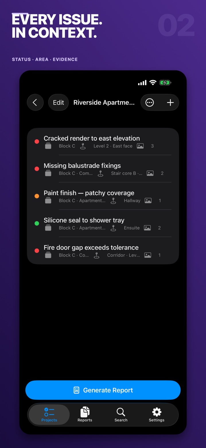 A scoped issue list showing every snag in context