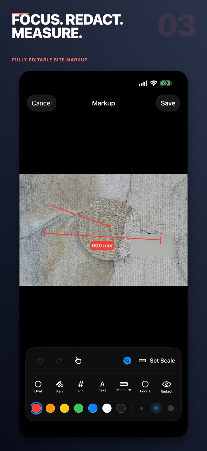 Photo markup with focus, redaction and measurement tools