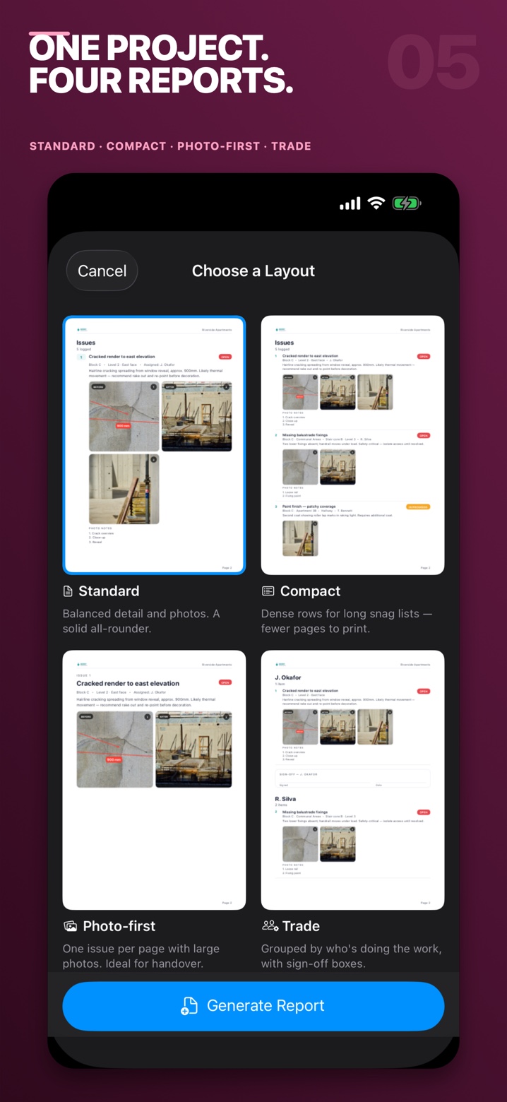 Four report layouts generated from one project
