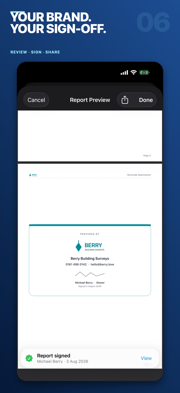 A branded report with digital sign-off